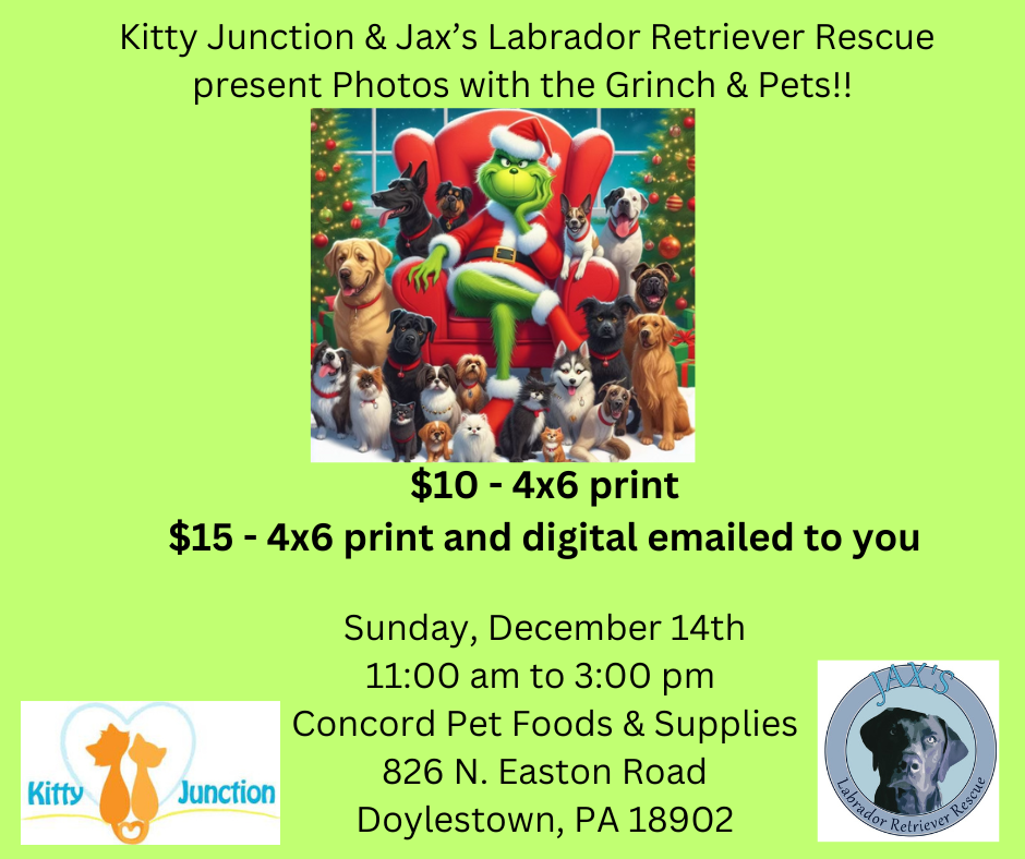 Photos with the Grinch and Pets @Concord Pets Foods & Supplies in Doylestown