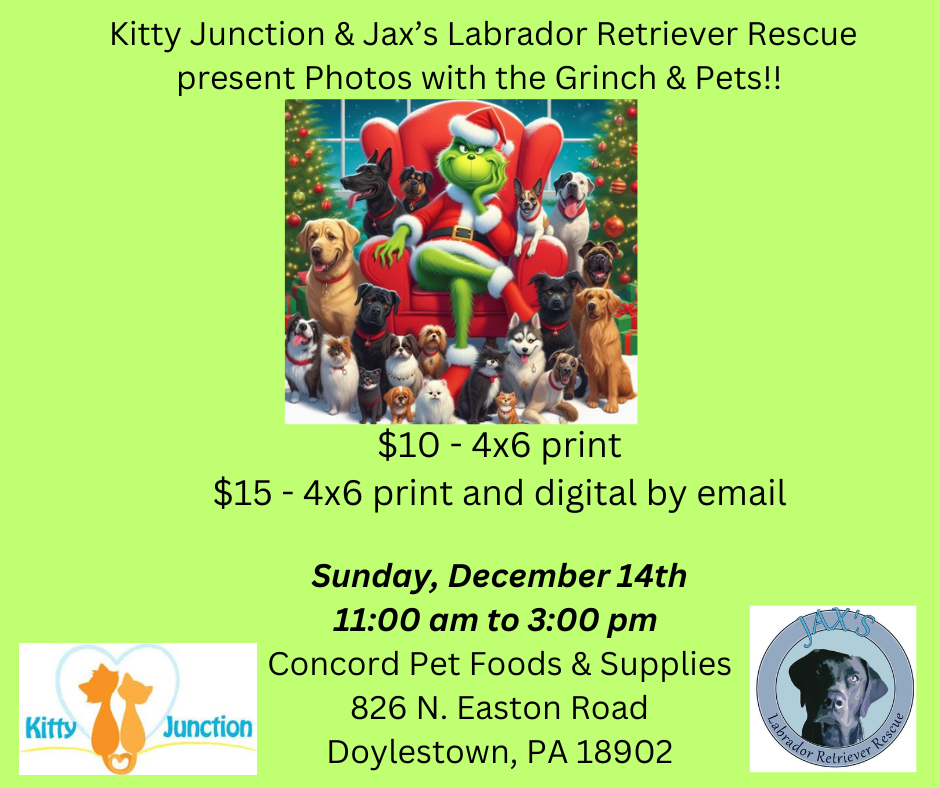 Photos with the Grinch and Pets @Concord Pets Foods & Supplies in Doylestown
